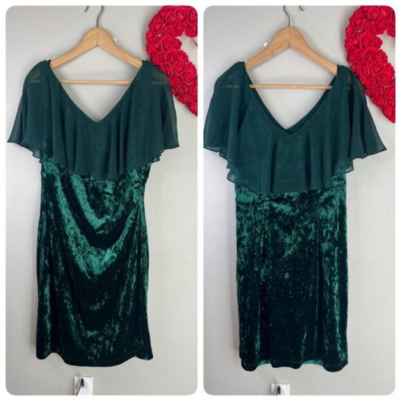 Connected Womens Cape Overlay Ruched Velvet Dress Sz 12 in Hunter Green - Picture 1 of 10
